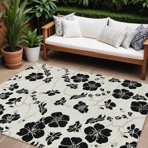 10' X 14' Ivory And Black Floral Washable Indoor Outdoor Area Rug - 880016627428