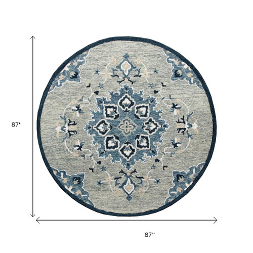 7' Blue And Gray Wool Medallion Hand Tufted Round Rug - 880024904580