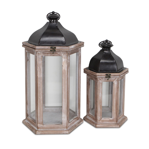 Geometric Metal Wood Floor Lantern Candle Holders - 880016554335