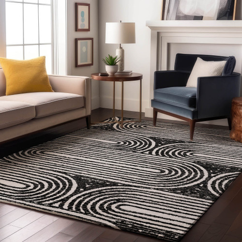 10' X 14' Black And Ivory Geometric Distressed Washable Area Rug With UV Protection - 880016492392