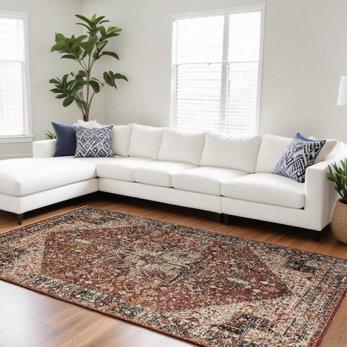 8' X 10' Red Ivory And Black Abstract Distressed Area Rug With Fringe