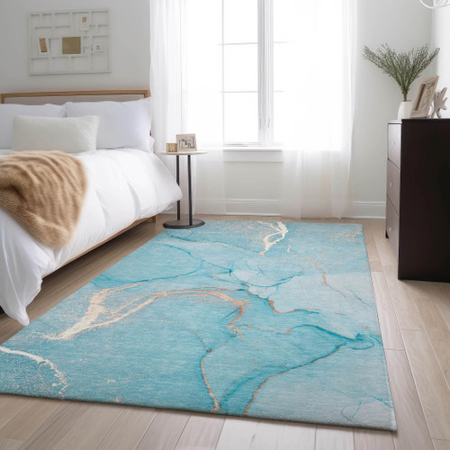 3' X 5' Teal And Ivory Abstract Washable Area Rug With UV Protection - 880016631944