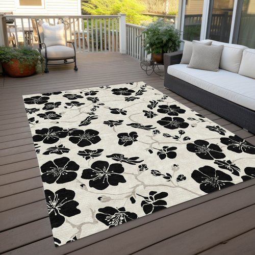 9' X 12' Ivory And Black Floral Washable Indoor Outdoor Area Rug - 880016580396