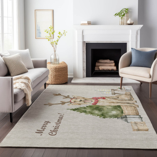 3' X 5' Taupe Green And Gray Christmas Dog Washable Area Rug With UV Protection - 880024795980