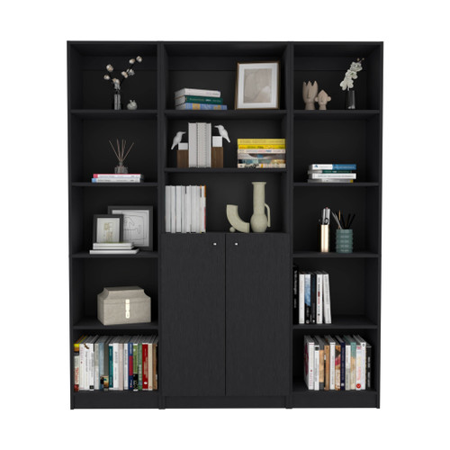 Set of Three Black Five Tier Bookcases with Two Doors