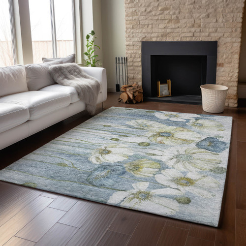 9' X 12' Blue Ivory And Gold Floral Washable Area Rug With UV Protection - 880024692104