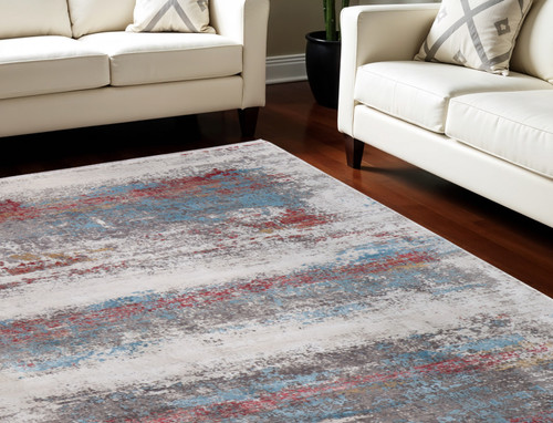10' X 13' Gray Blue and Red Abstract Power Loom Area Rug With Fringe - 608219035853