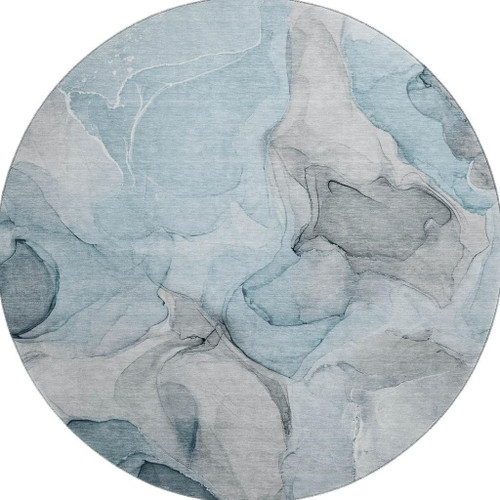 8' Teal And Gray Abstract Washable Round Rug With UV Protection - 880016544473