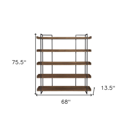 76" Brown and Black Metal and Wood Five Tier Bookcase - 606114705635