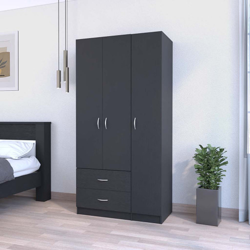 71" Black Wood Three Door Two Drawer Combo Dresser