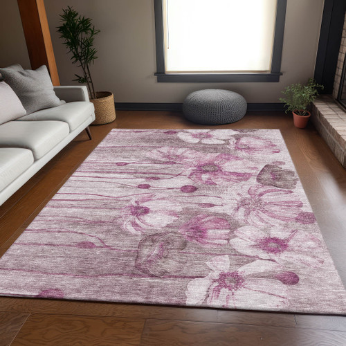 8' X 10' Plum And Ivory Floral Washable Area Rug With UV Protection - 880024536484