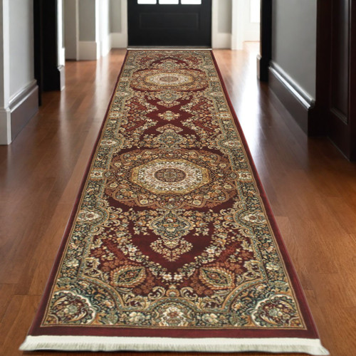 10' Red Light Brown And Ivory Medallion Runner Rug With Fringe - 608219201029