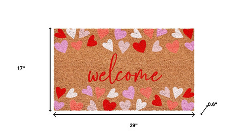 17" X 29" Brown Pink Red And White Hearts Welcome Outdoor Coir Door Mat - 880024582177