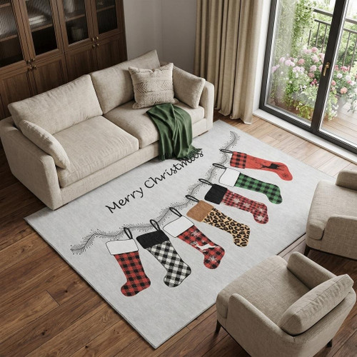 10' X 14' Gray Red And Green Christmas Stockings Washable Area Rug With UV Protection - 880016643909