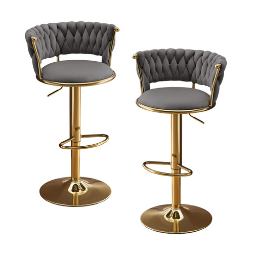 Set of Two Gray and Gold Velvet and Metal Low Back Adjustable Height Swivel Bar Chairs - 880016859966