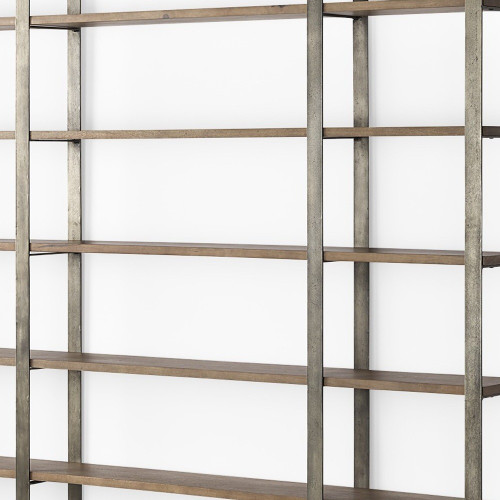 Brown Nickel and Solid Wood Six Tier Bookcase
