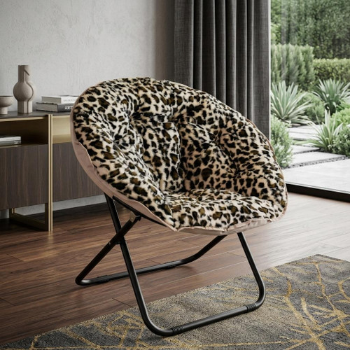 33" Beige Brown And Tufted Faux Fur and Metal Leopard Folding Lounge Chair - 880024778624