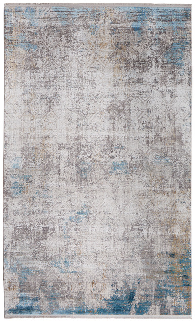 10' X 13' Ivory Gray and Blue Abstract Power Loom Area Rug With Fringe - 608219325176