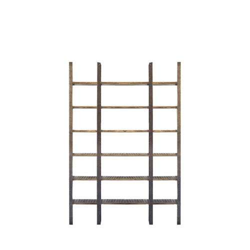 Brown Iron and Solid Wood Six Tier Bookcase