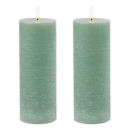 Set of Two Green Unscented Candle Flameless Pillar Candles - 880016478235