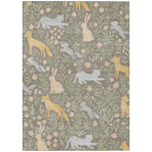 10' X 14' Taupe And Green Forest Animals And Botanical Leaves Washable Area Rug - 880016472783
