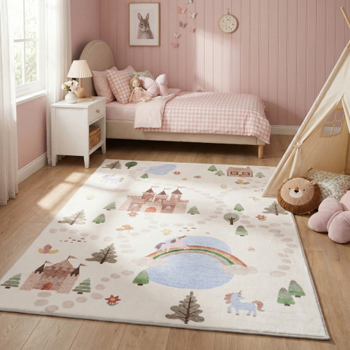 5' X 8' Off White Brown Green And Blue Castle and Rainbow Youthful Area Rug - 880024887227