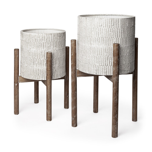 Set of Two Cream And Brown Ceramic And Wood Round Elevated Planters - 880024953410