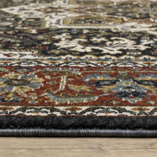 10' X 13' Navy Blue Black And Ivory Medallion Area Rug With Fringe - 608219226350
