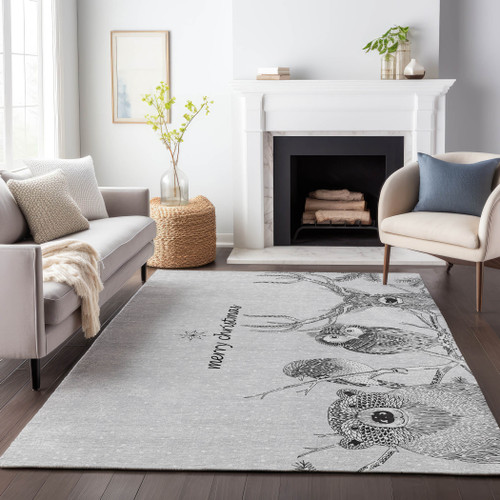 8' X 10' Gray And Black Christmas Woodland Lodge Washable Area Rug With UV Protection - 880016559149
