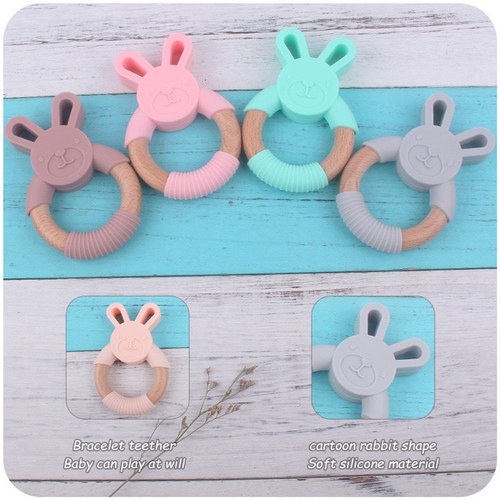 Baby Food-Grade Teething Rattle, Teething Aid for Babies, Wooden and Silicone Rabbit Teething Bracelet - 643491103791