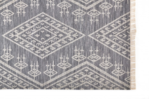 Homeroots Home Decor 9' x 12' Gray, Ivory and Blue Wool Geometric Dhurrie Flatweave Handmade Area Rug with Fringe
