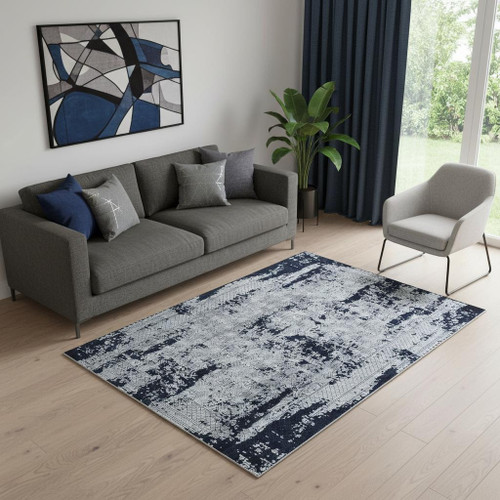 5' X 8' Gray And Navy Blue Abstract Distressed Area Rug With Fringe - 880024929323