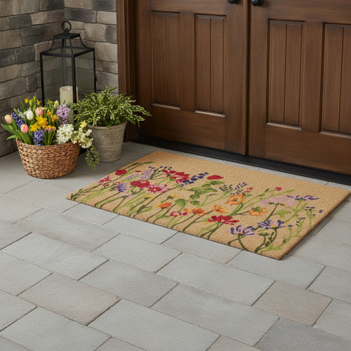 18" X 40" Brown Green And Purple Floral Outdoor Coir Door Mat - 880016442465