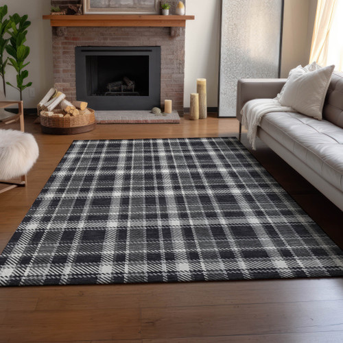 10' X 14' Black And Ivory Plaid Washable Area Rug With UV Protection - 880024913278