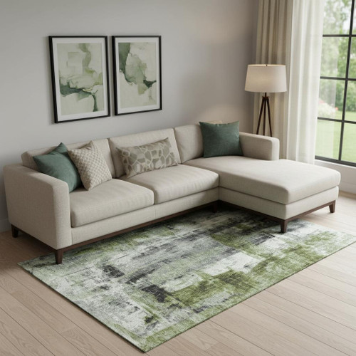 8' X 10' Olive Green Charcoal And Ivory Abstract Washable Area Rug With UV Protection - 880024648804