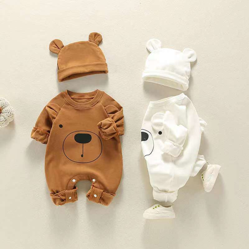 Baby Girl Bear Print Pattern Solid Color Long-Sleeved Rompers With Hat In Spring & Autumn - 643491120217