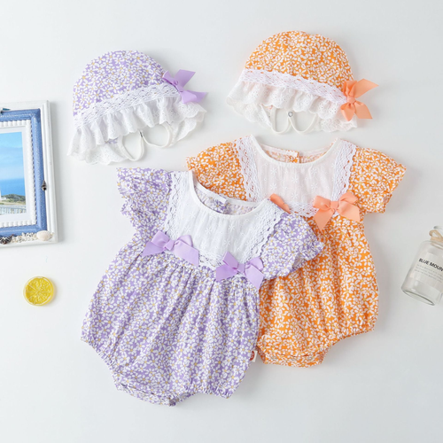 Baby Girl Floral Pattern Lace Patchwork Round Collar Short-Sleeved Colorful Cotton Onesies With Hat - 643491121658
