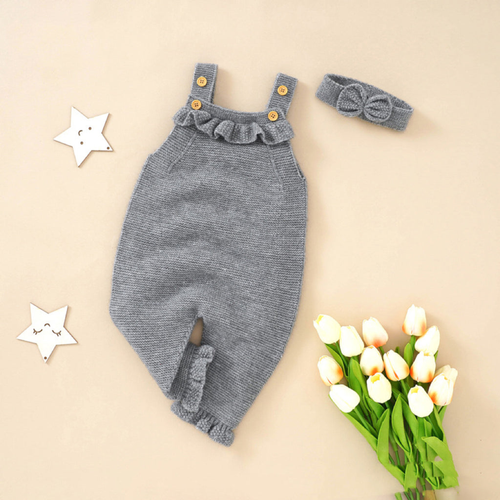 Baby Girl Solid Color Ruffle Design Knit Romper With Headband - 643491109434