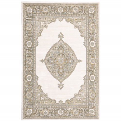 Homeroots Home Decor 6' X 9' Oriental Area Rug, Beige, Ivory, Tan, Gold, Grey and Green, Power Loom Stain Resistant