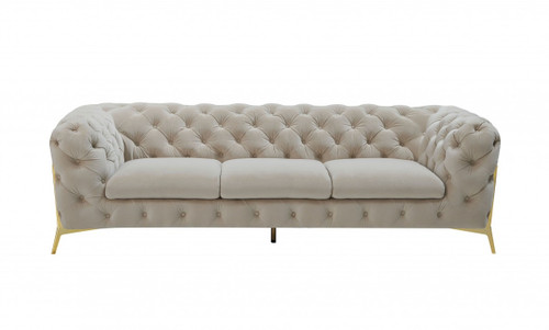 Contemporary 97" Beige Velvet And Gold Accent Sofa - 606114645740
