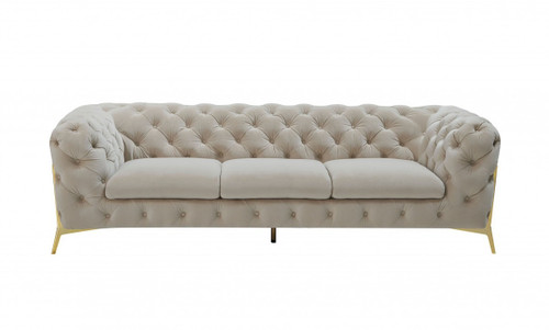 97" Beige Velvet Sofa With Gold Legs