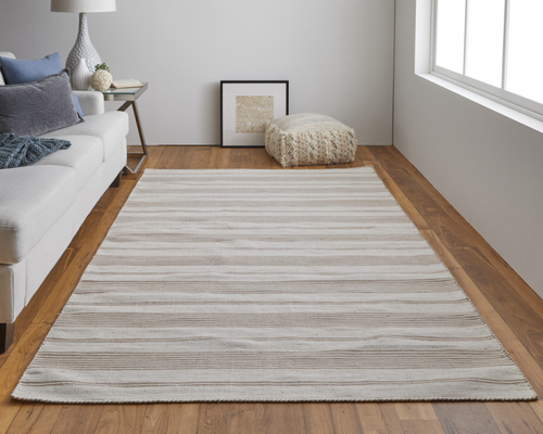 10' X 14' Ivory And Taupe Striped Hand Woven Area Rug
