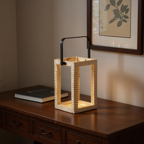 Distressed Geometric Wood Tabletop Lantern Candle Holder - 880016555400