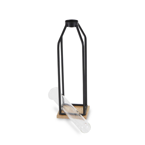 12" Black Clear And Natural Metal Glass And Wood Posy Test Tube Table Vase - 880016516791