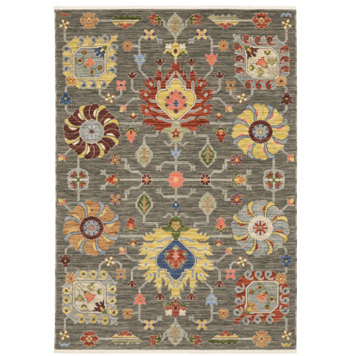 Homeroots Home Decor 6' x 9' Oriental Power Loom Stain Resistant Area Rug with Fringe, Grey Charcoal Yellow Blue Rust Red Pink Green Ivory