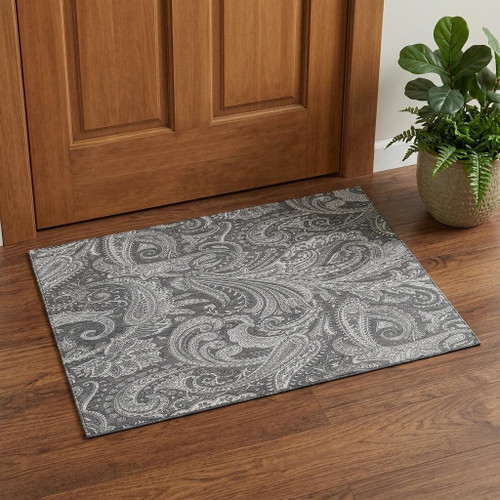 3' X 5' Gray And Ivory Paisley Washable Area Rug With UV Protection - 880016853988