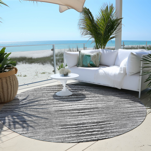 8' Silver Gray And Charcoal Round Striped Washable Indoor Outdoor Area Rug