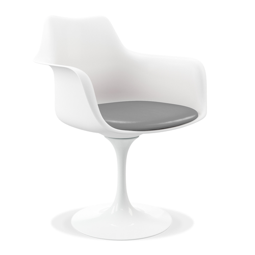 White Heavy Duty Plastic Swivel Dining Arm Chair With Gray Faux Leather Cushion - 608219289584