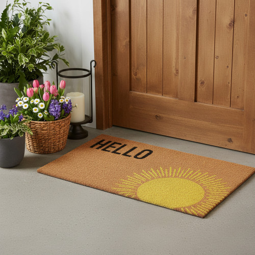 17" X 29" Brown Yellow And Black Sunny Hello Outdoor Coir Door Mat - 880016845037