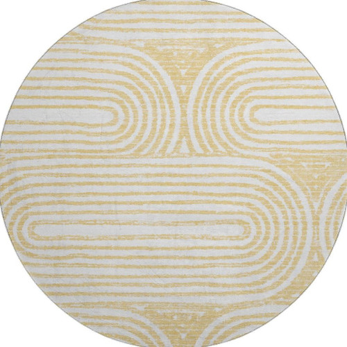 8' Gold And Ivory Geometric Distressed Washable Round Rug With UV Protection - 880024653570